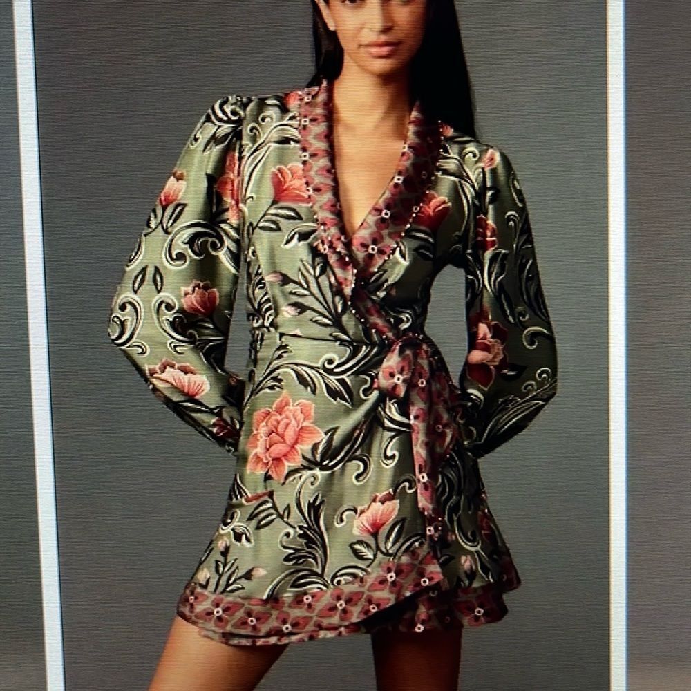FARM Rio Olive and Coral Floral Wrap Dress